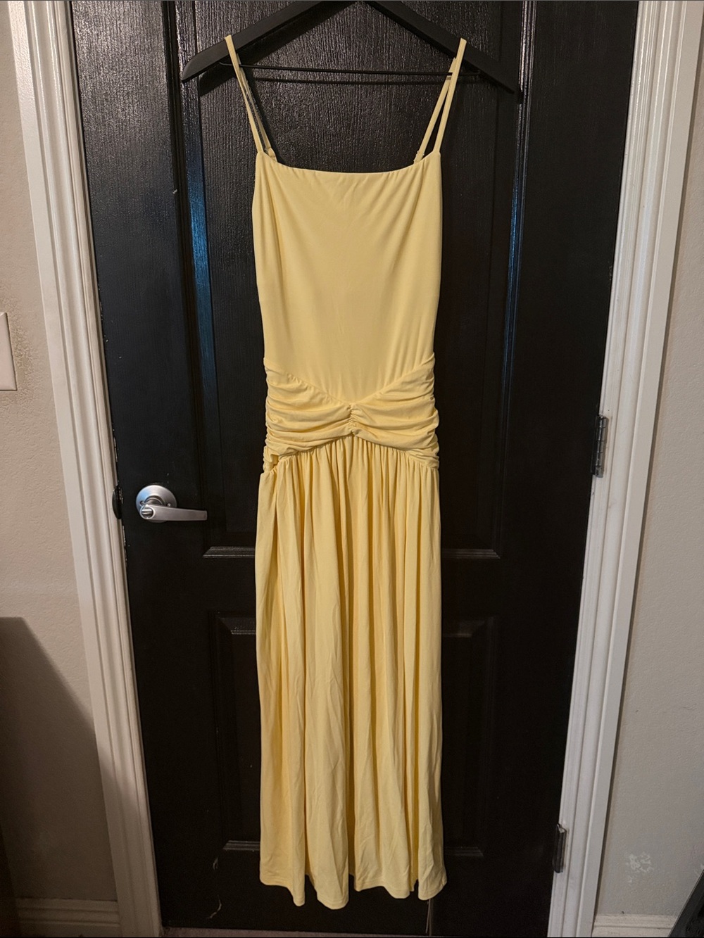OGL Not-See-Thru Spaghetti Gathered Maxi Bra Dress - Butter Yellow